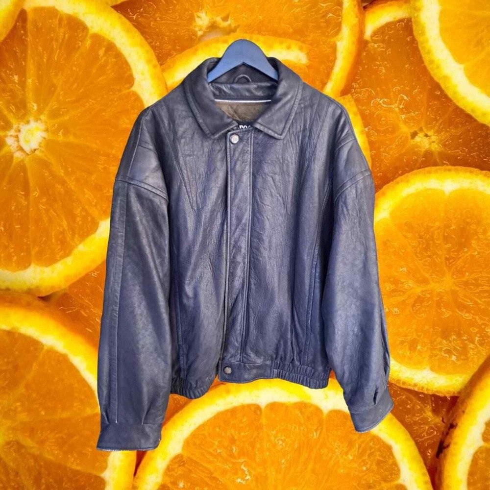 London Fog FOG Mens Navy Blue Leather Bomber Jacket Large Quilted Lining